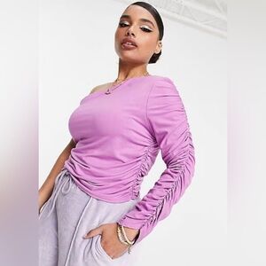 ASOS Design Curve Womens Plus Size Purple One-Shoulder Ruched Sleeve Top, 22